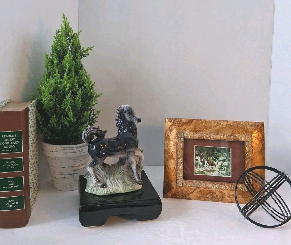 Vintage MCM Black Glaze Ceramic Horse Figurine White Stallion Statue